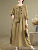 Embroidered Cotton-Linen Boho Maxi Dress with Tassel Tie Neck Detail