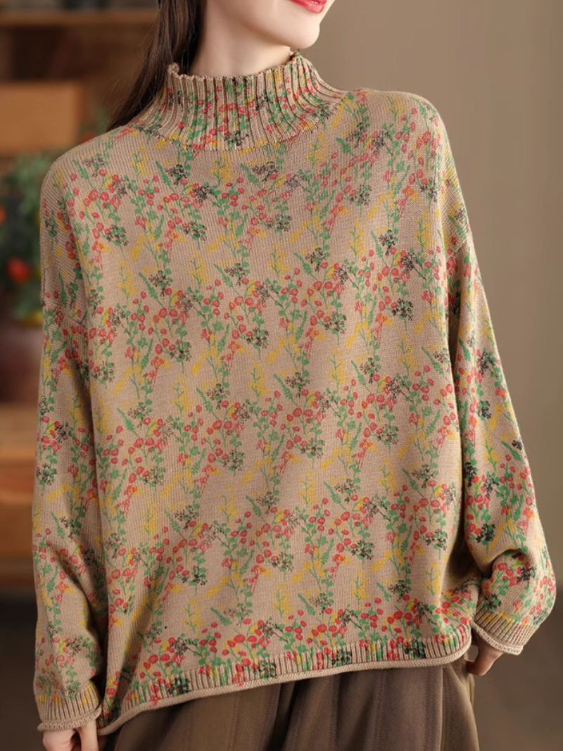 Jacquard Floral Knit Sweater with Relaxed Silhouette for Effortless Layering