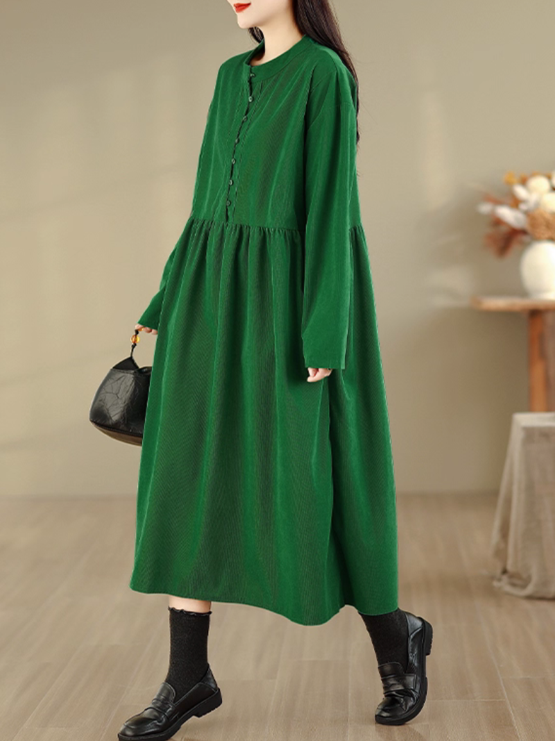 Elegant Corduroy Long-Sleeve Midi Dress with Buttons and Banded Collar
