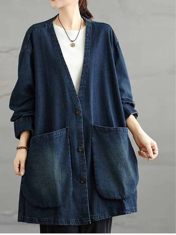 Women’s Oversized Denim Cotton Shacket with V-Neck and Statement Patch Pockets - Eva Trends