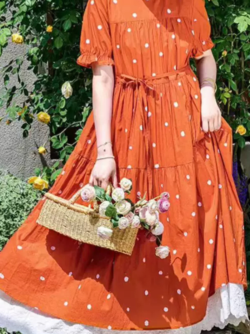 Cottage Garden Polka Dot Cotton Dress with Scalloped Lace Hem