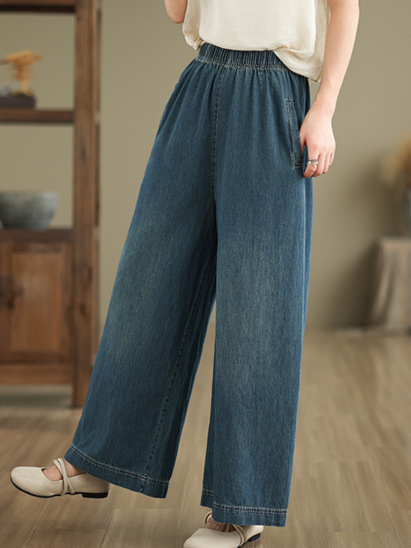 Fluid Wide-Leg Denim Cotton Pants with Elastic Waist and Pockets