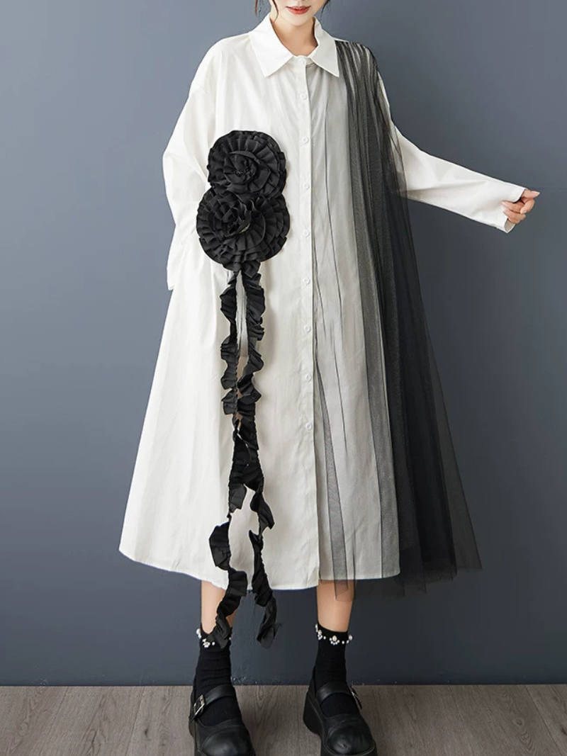 Confidence in Motion Shirt Dress — Flowy Mesh with Sculptural Rosette