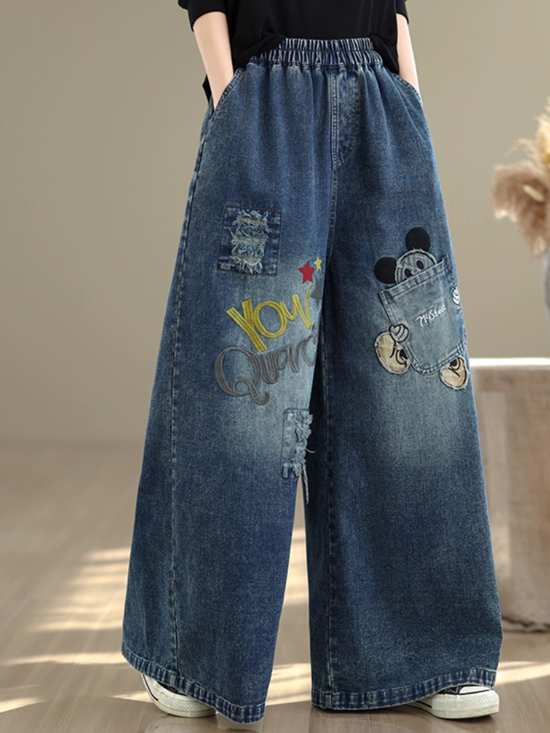 Chic Wide-Leg Women's Jeans in Denim Cotton with Artful Patchwork
