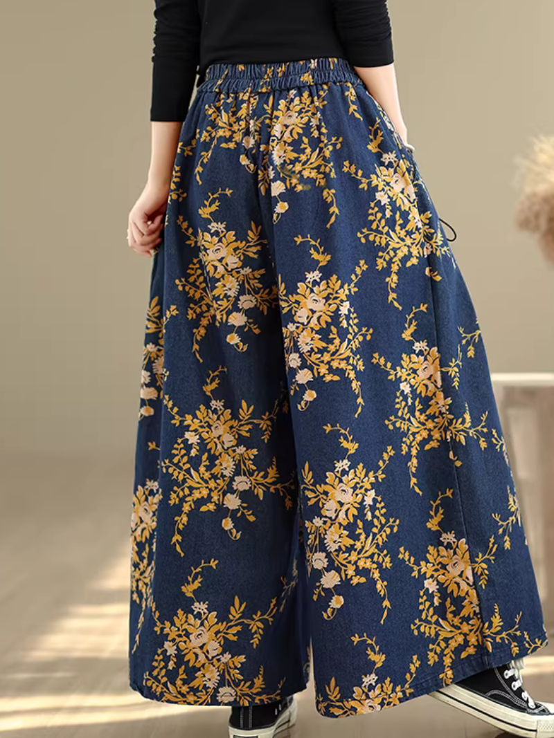 Floral Denim Cotton Palazzo Pants with Elastic Waist, Chic Wide-Leg Silhouette