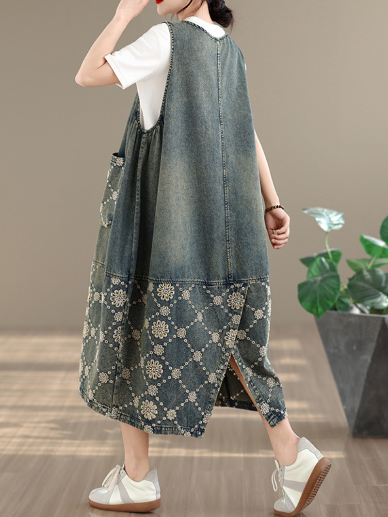 Artisanal Patchwork Denim Dress in Cotton Pinafore Silhouette, Relaxed Midi
