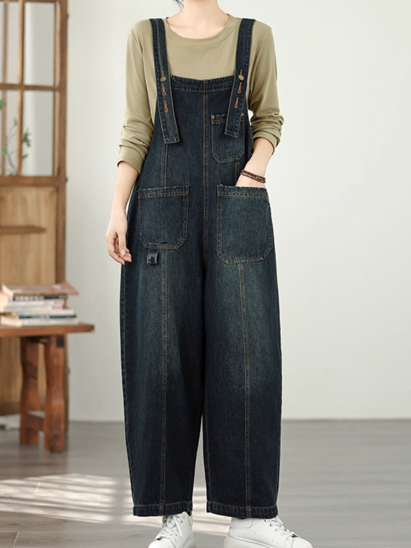 Relaxed Wide-Leg Denim Overalls with Adjustable Straps and Pocket Detail