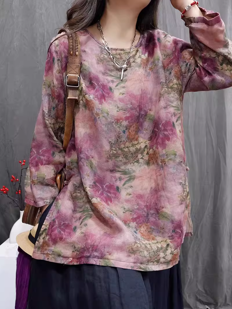 Painterly Floral Cotton Linen Tunic Blouse with Relaxed Long Sleeves