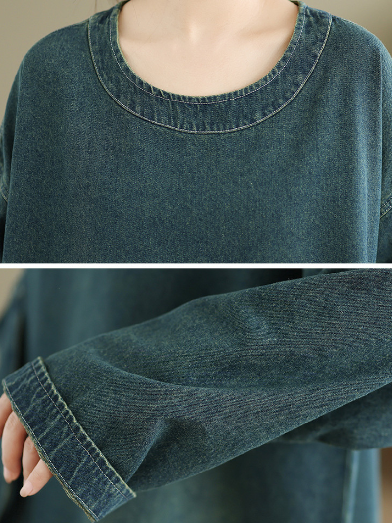 Oversized Denim Cotton Top with Curved Hem and Statement Pocket
