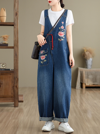Women's Rose Embroidered Denim Overalls with Loose Wide-Leg Fit