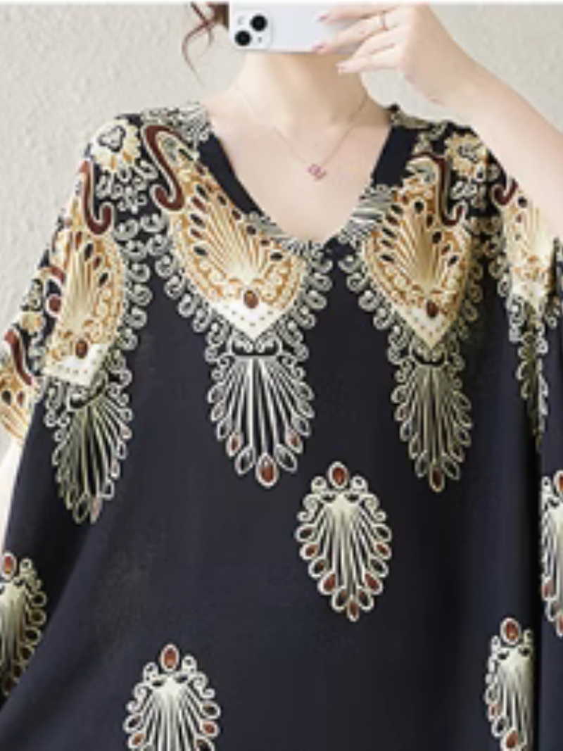 Women's Summer Embroidered Printed High Waist Kaftan Dress