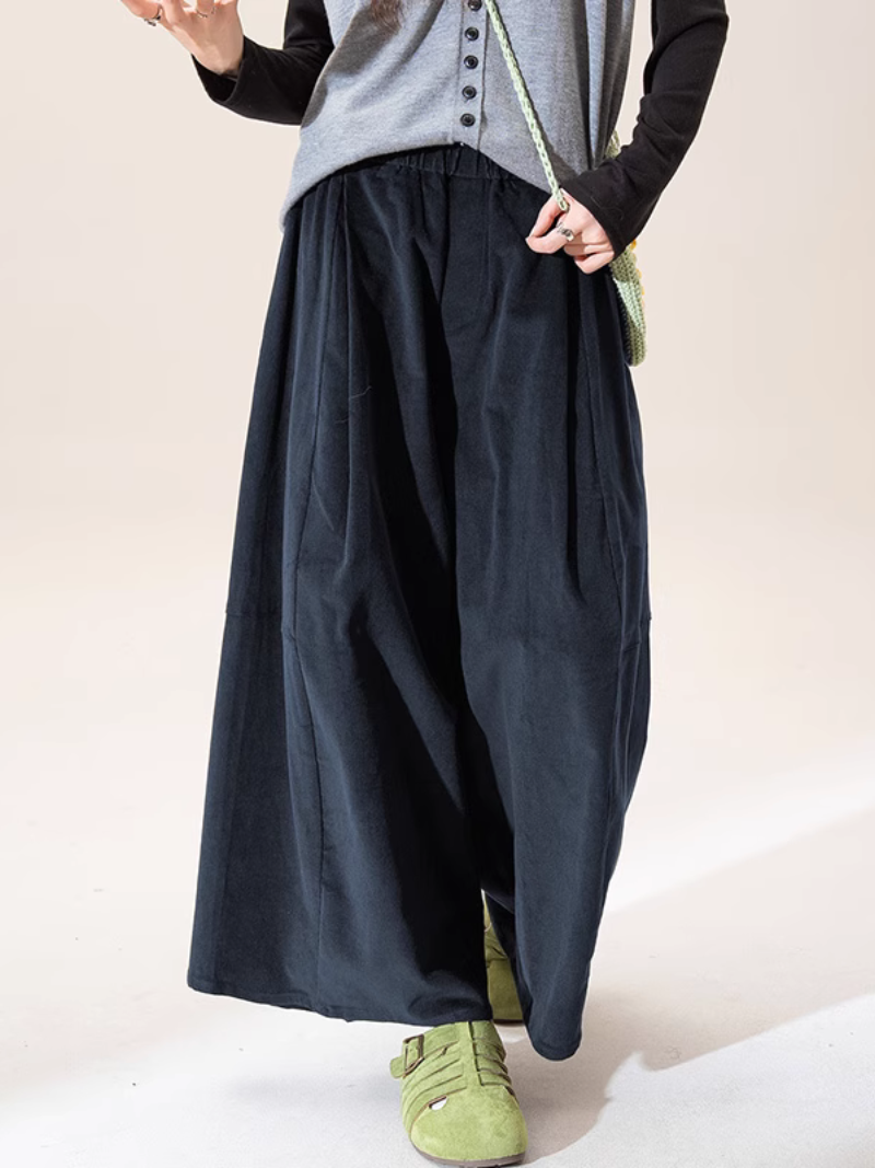 Corduroy Wide-Leg Palazzo Pants with Soft Pleats, Effortlessly Elegant Trousers