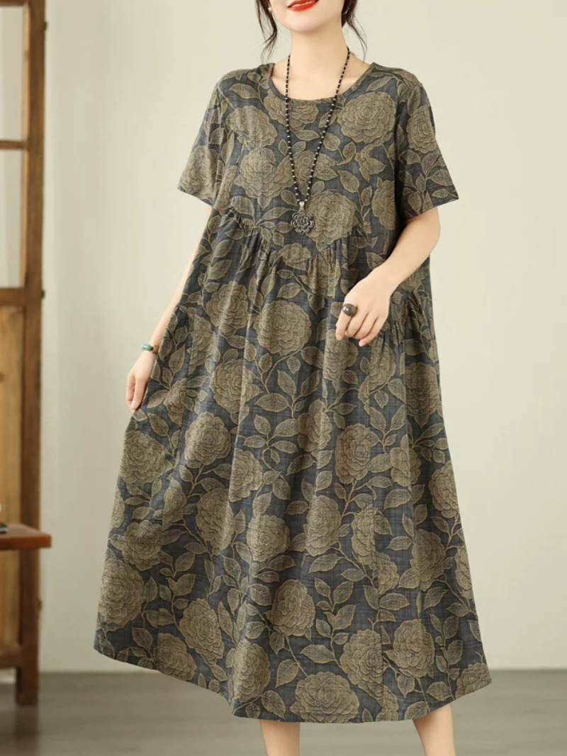 Botanical A-Line Cotton Linen Dress with Pockets, Relaxed Midi Elegance