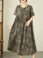 Botanical A-Line Cotton Linen Dress with Pockets, Relaxed Midi Elegance