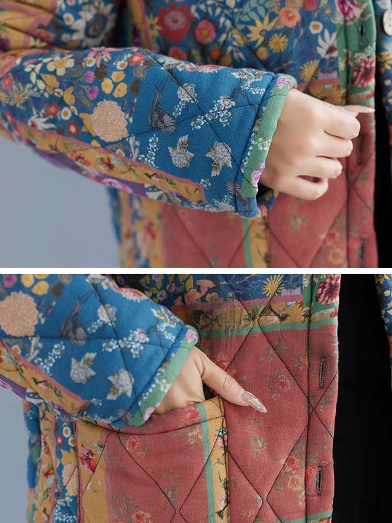 Retro patchwork quilted jacket with plush lining, chic winter coat