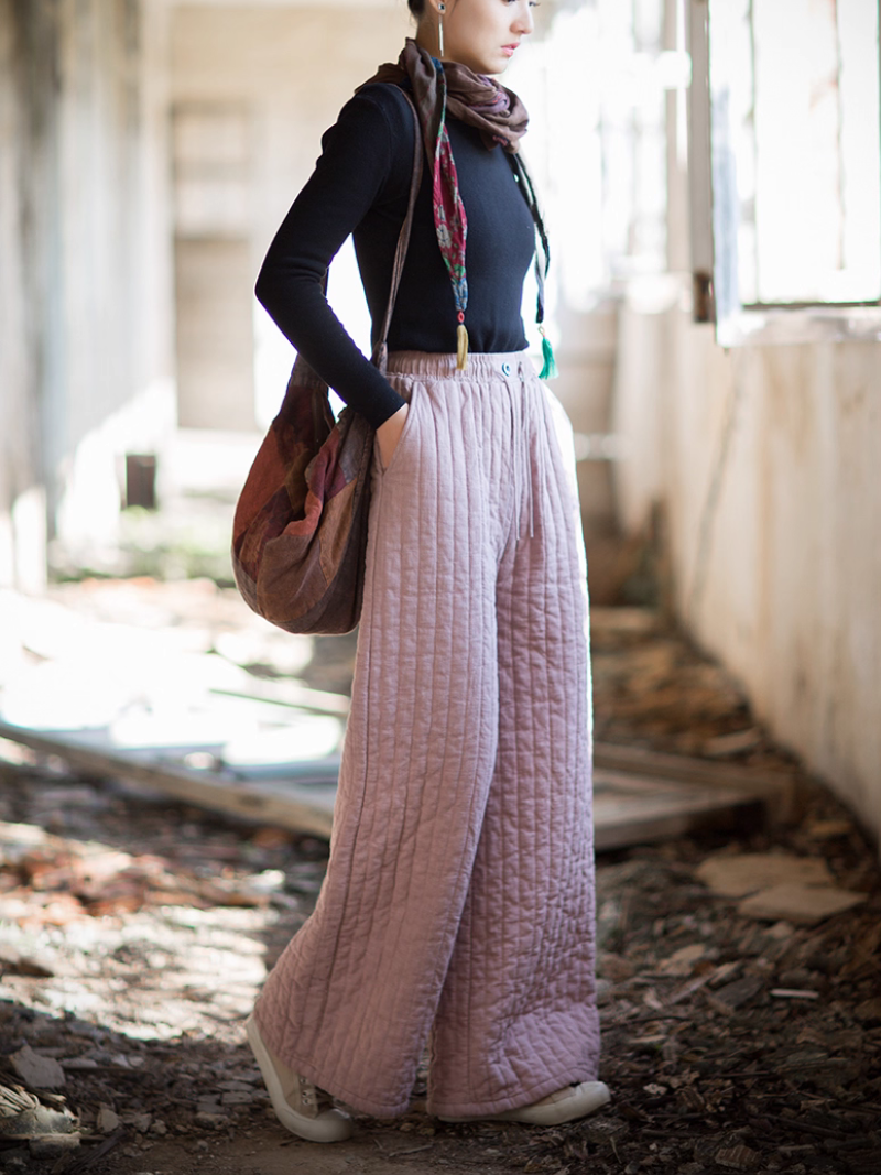 Women’s Quilted Wide-Leg High-Waist Cotton-Linen Pants, Effortlessly Chic Minimal Style Trousers