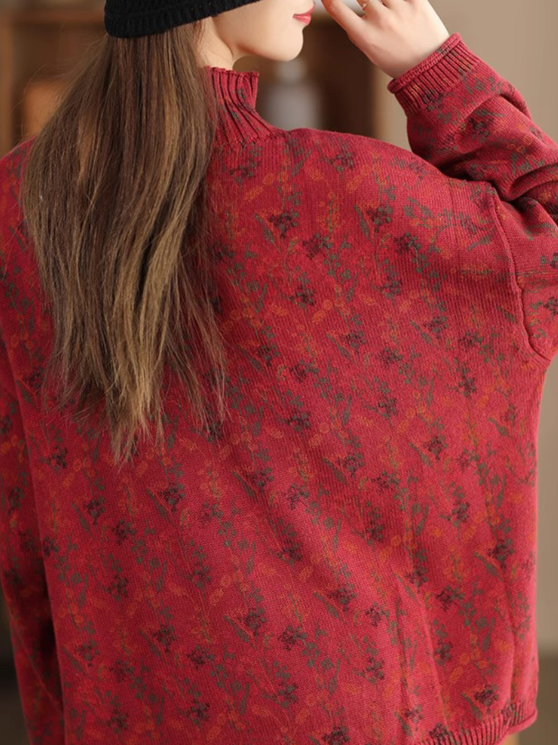 Jacquard Floral Knit Sweater with Relaxed Silhouette for Effortless Layering