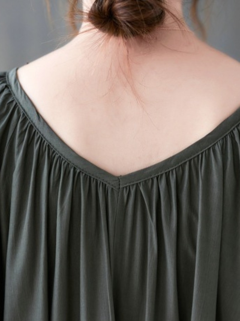 Gathered Neck Viscose Maxi Dress with Belt and Bishop Sleeves