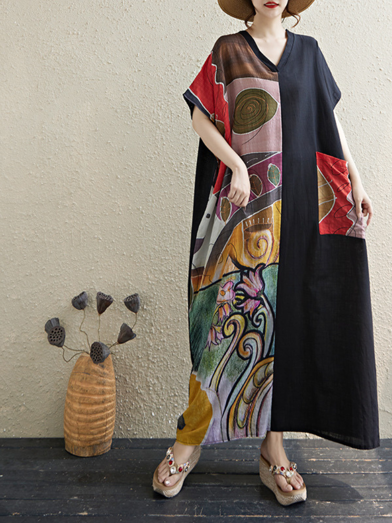 Women's Summer Trendy Front Large Pockets Printed Kaftan Dress