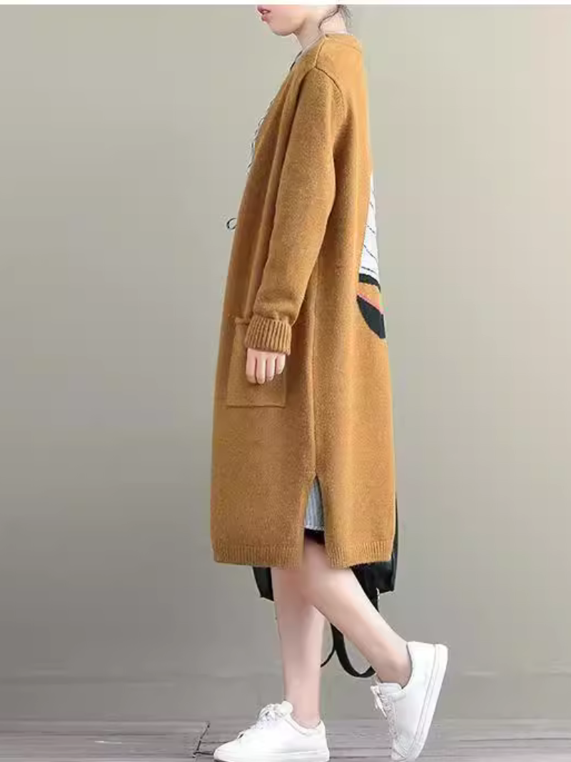 Longline Open-Front Knit Cardigan with Sailboat Back, Minimal Women’s Sweater