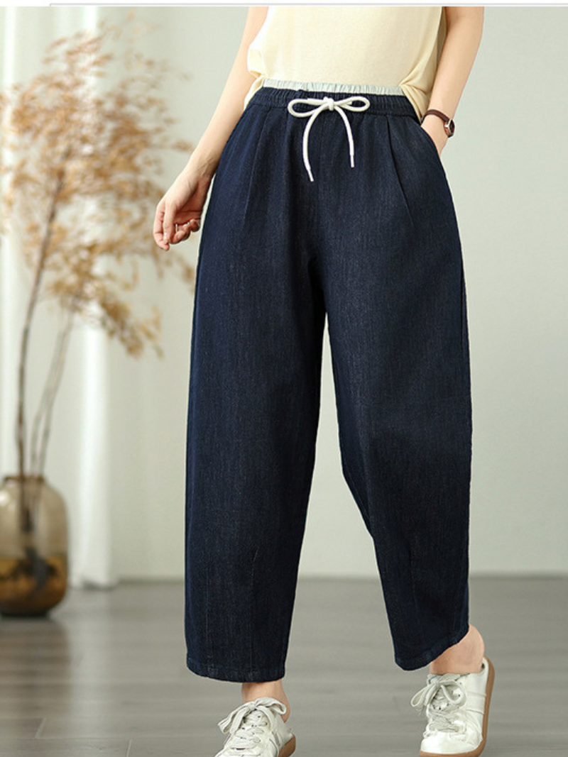 Relaxed Tapered Women's Denim Pants in Cotton with Drawstring Waist
