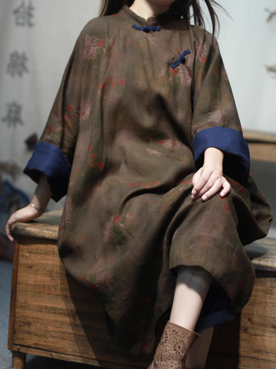 Women's Stand-up Collar Plate Button Mid-Length Shirt Dress