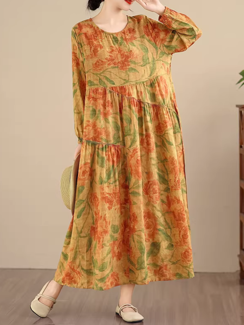 Artful Floral Tiered Maxi Dress in Airy Cotton&Flax for Everyday Elegance