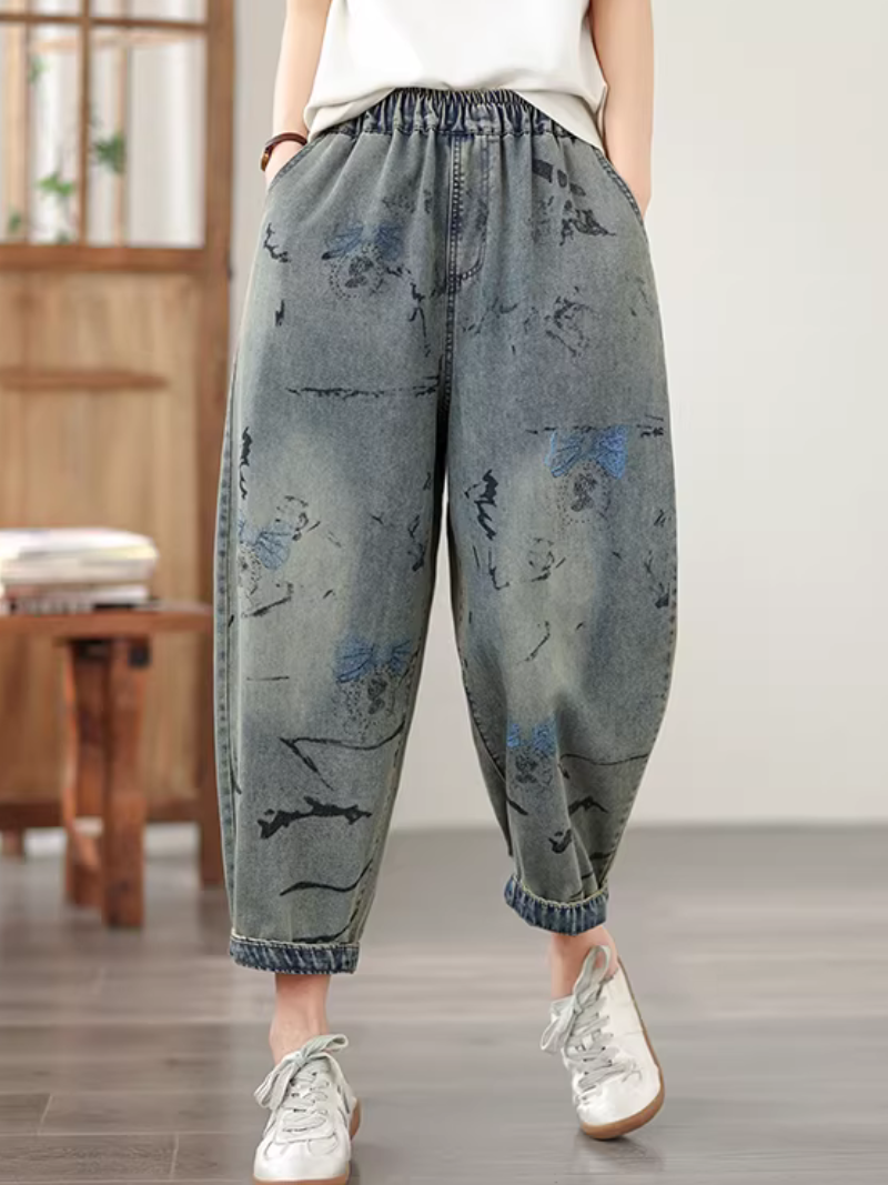 Artful Relaxed Denim Cotton Jogger Pants for Women Elastic Waist Jeans