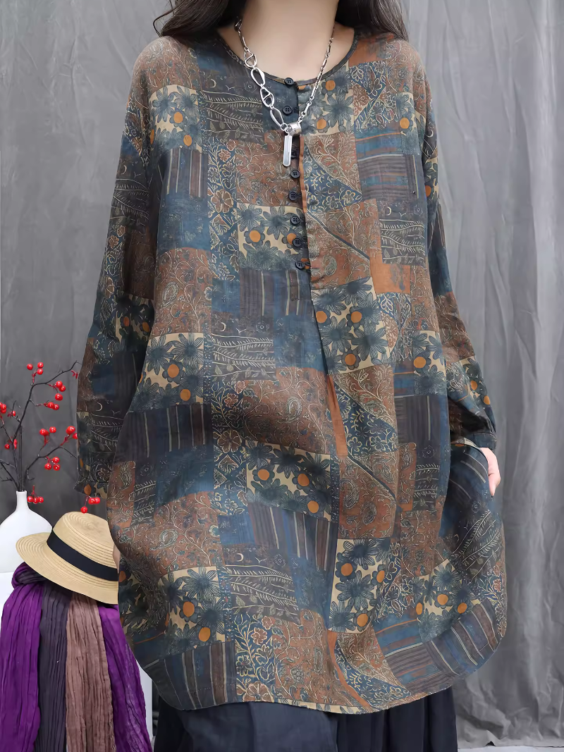 Artful Patchwork Oversized Tunic Blouse in Rayon Blend, Boho Chic