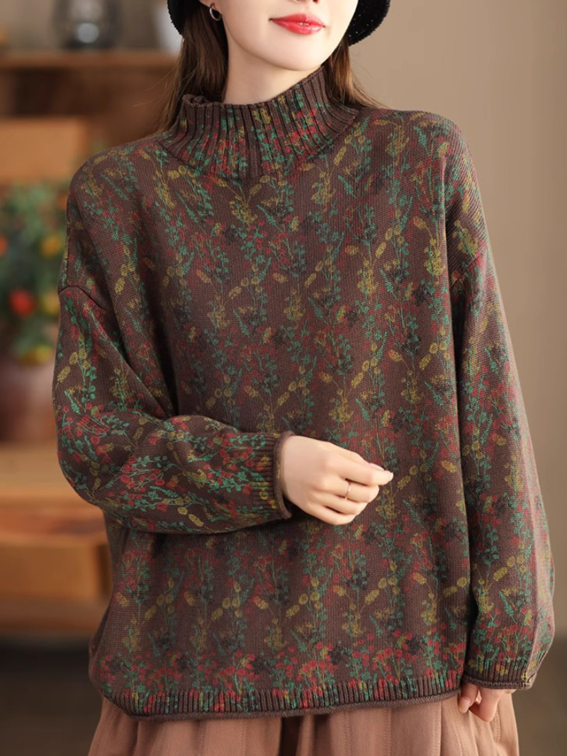 Jacquard Floral Knit Sweater with Relaxed Silhouette for Effortless Layering