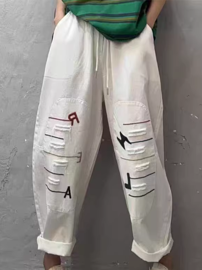 Chic Cotton Drawstring Tapered Pants with Artful Slashes for Women