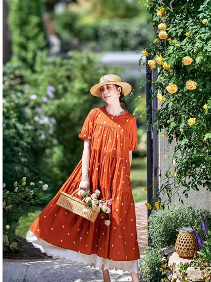 Cottage Garden Polka Dot Cotton Dress with Scalloped Lace Hem