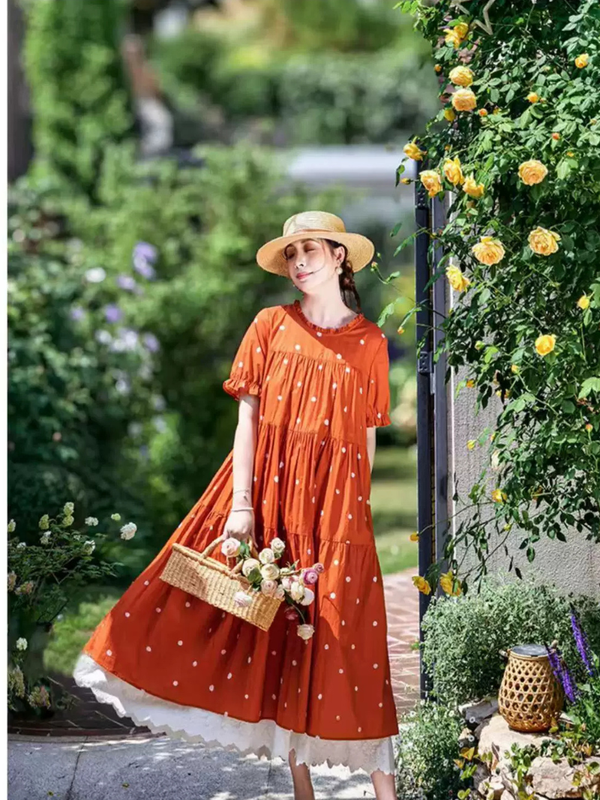 Cottage Garden Polka Dot Cotton Dress with Scalloped Lace Hem