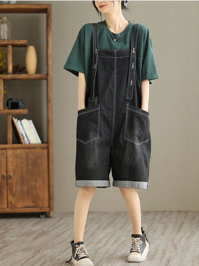 Women's Black Short Dungarees