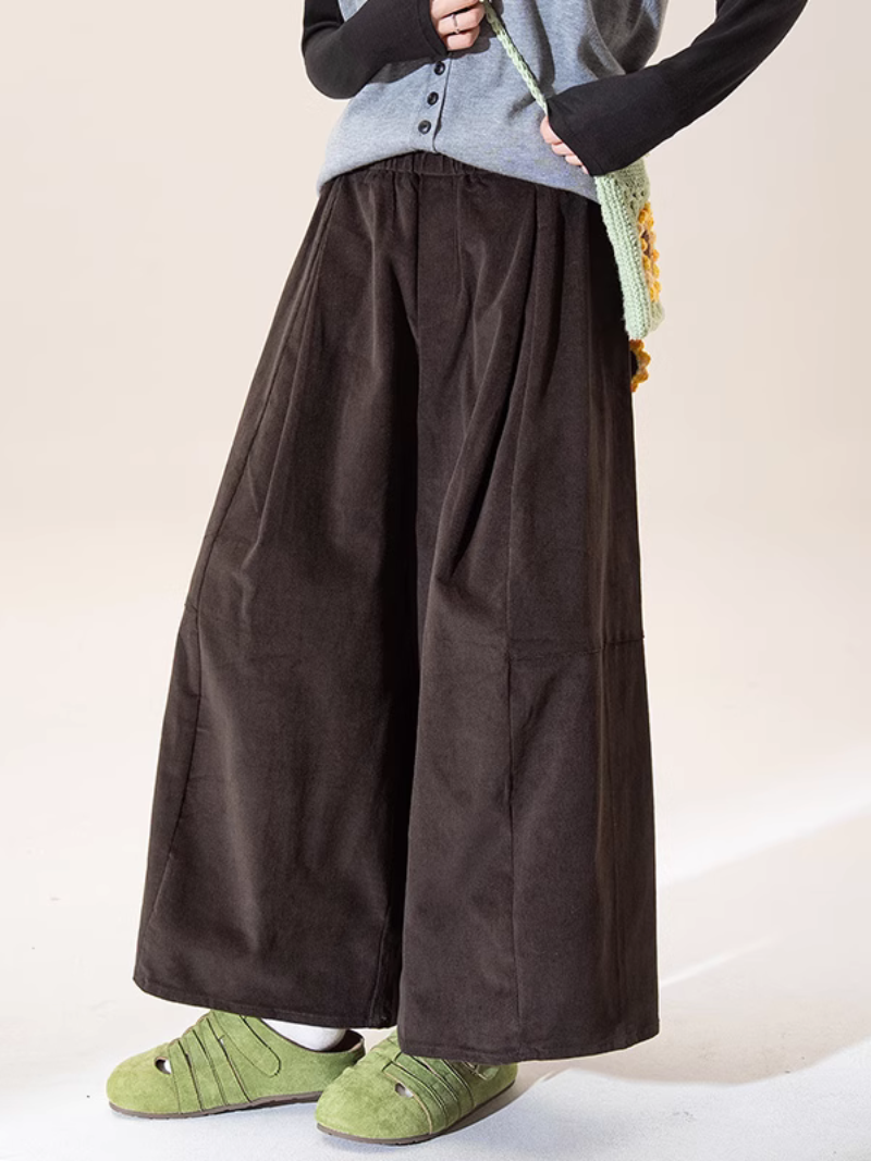 Corduroy Wide-Leg Palazzo Pants with Soft Pleats, Effortlessly Elegant Trousers
