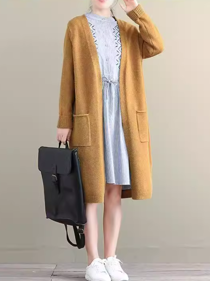 Longline Open-Front Knit Cardigan with Sailboat Back, Minimal Women’s Sweater