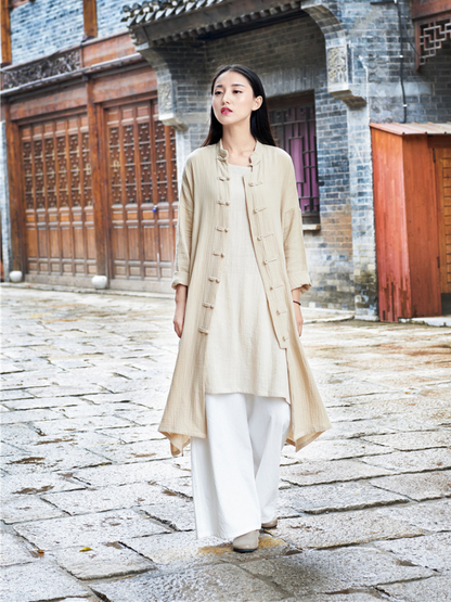 Elegant Cotton-Linen Mandarin Collar Midi Tunic Dress with Frog Buttons