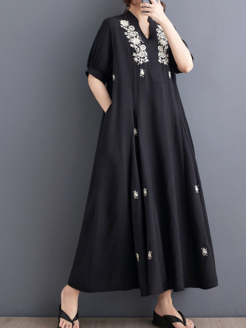 Women's Flower Embroidered Trumpet Sleeves A-Line Dress