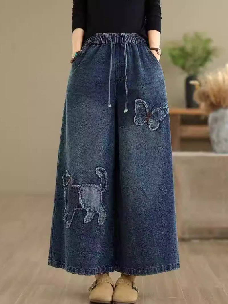 Artisanal Denim Cotton Culottes with Drawstring Waist and Whimsical Appliqué