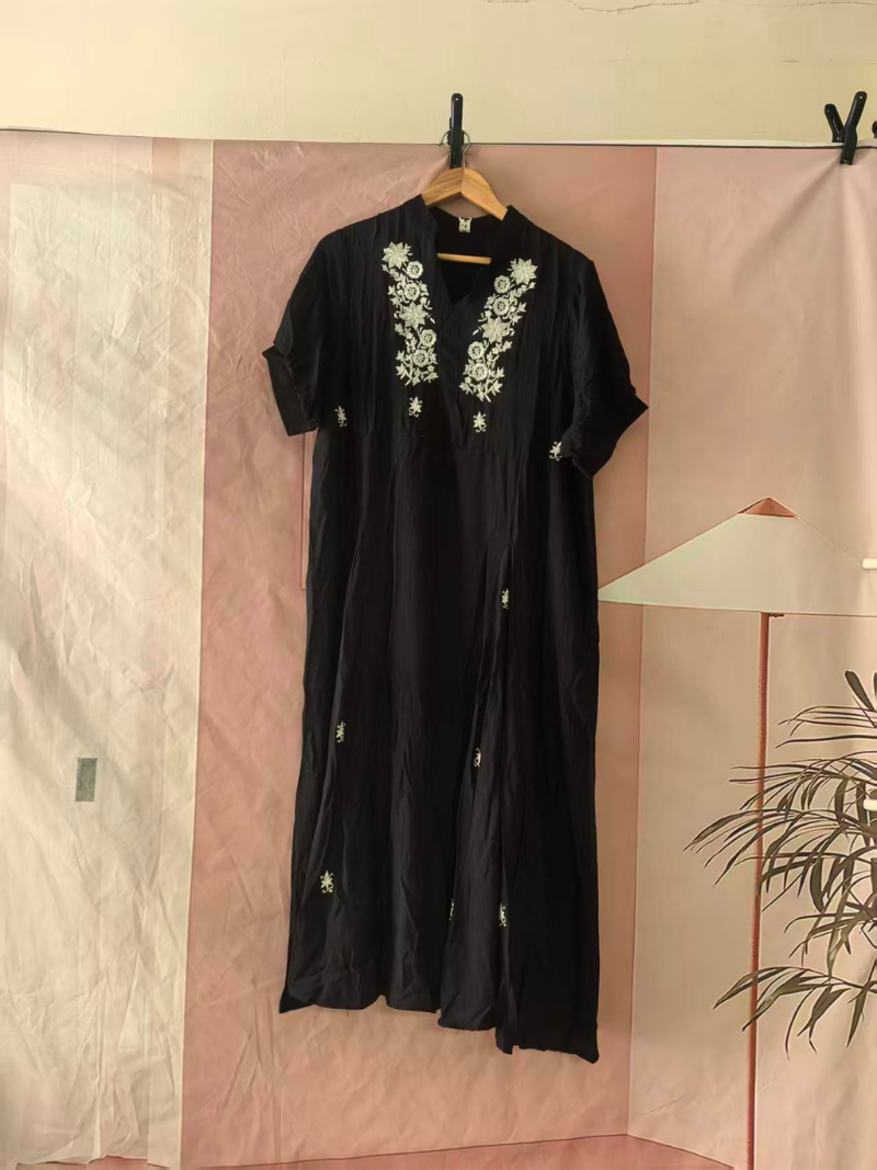 Women's Flower Embroidered Trumpet Sleeves A-Line Dress