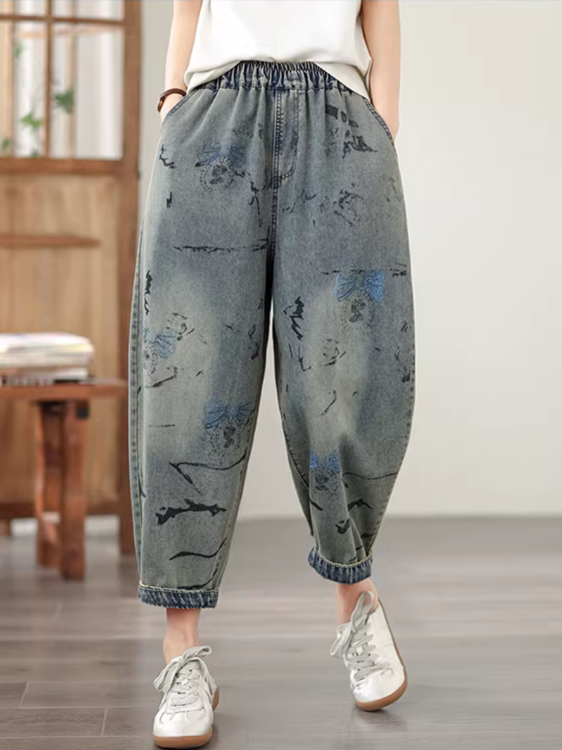 Artful Relaxed Denim Cotton Jogger Pants for Women Elastic Waist Jeans