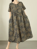 Botanical A-Line Cotton Linen Dress with Pockets, Relaxed Midi Elegance