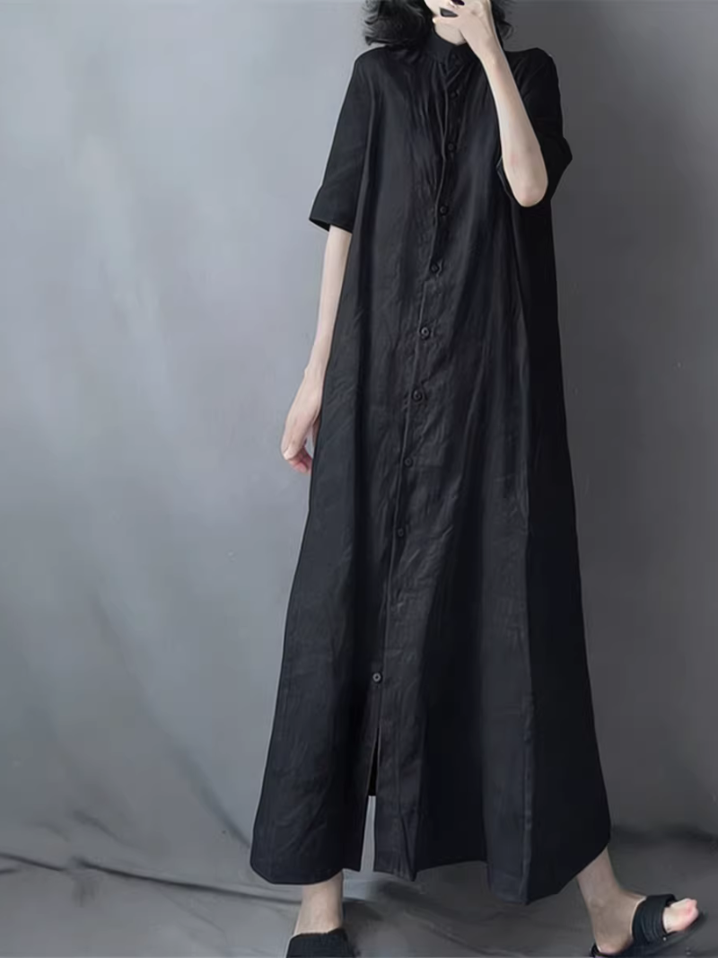 Serene Cotton-Linen Button-Front Maxi Shirt Dress with Mandarin Collar