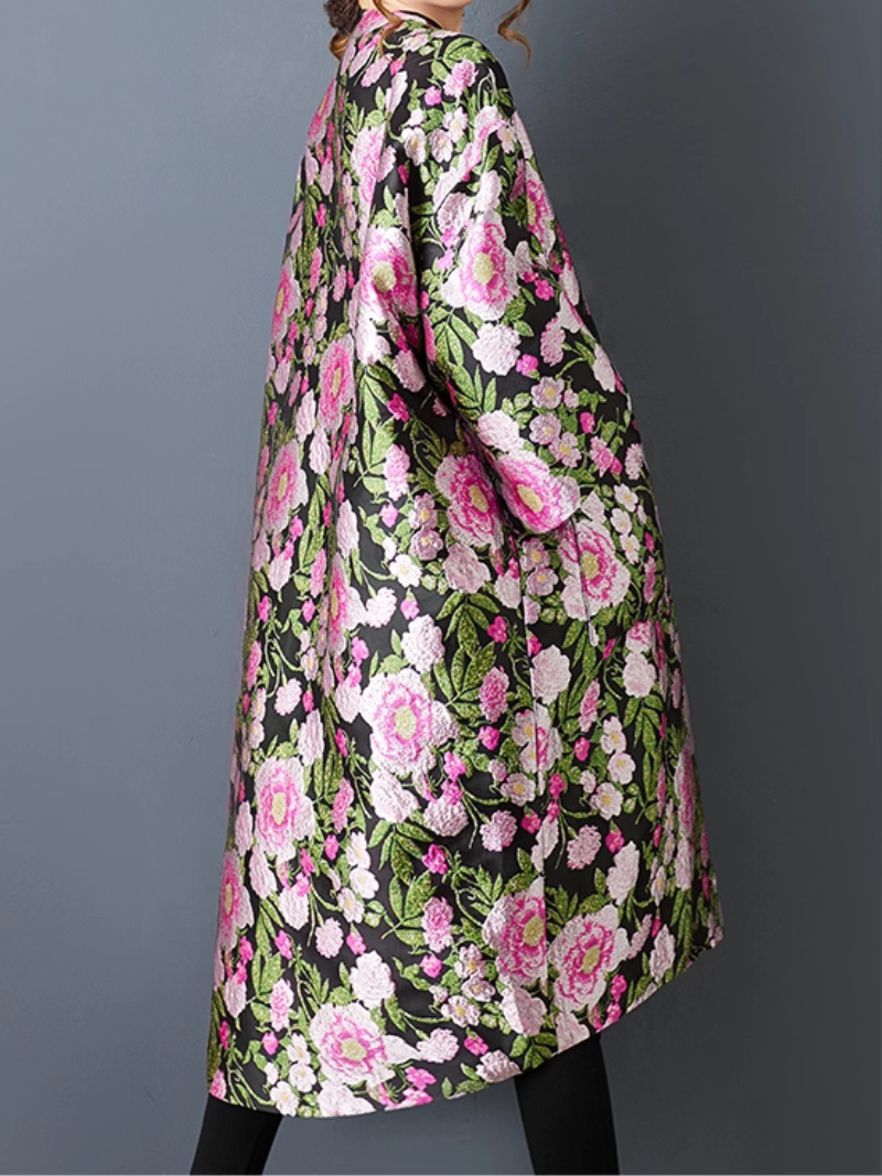 Artful Floral Jacquard Kimono Duster, Oversized Floral Coat Layering Piece