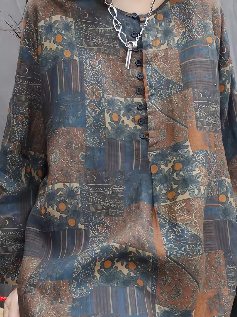 Artful Patchwork Oversized Tunic Blouse in Rayon Blend, Boho Chic