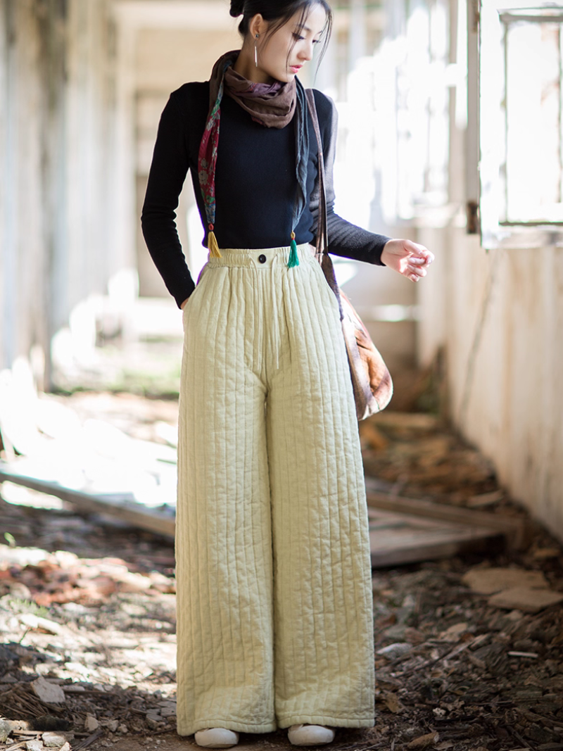 Women’s Quilted Wide-Leg High-Waist Cotton-Linen Pants, Effortlessly Chic Minimal Style Trousers