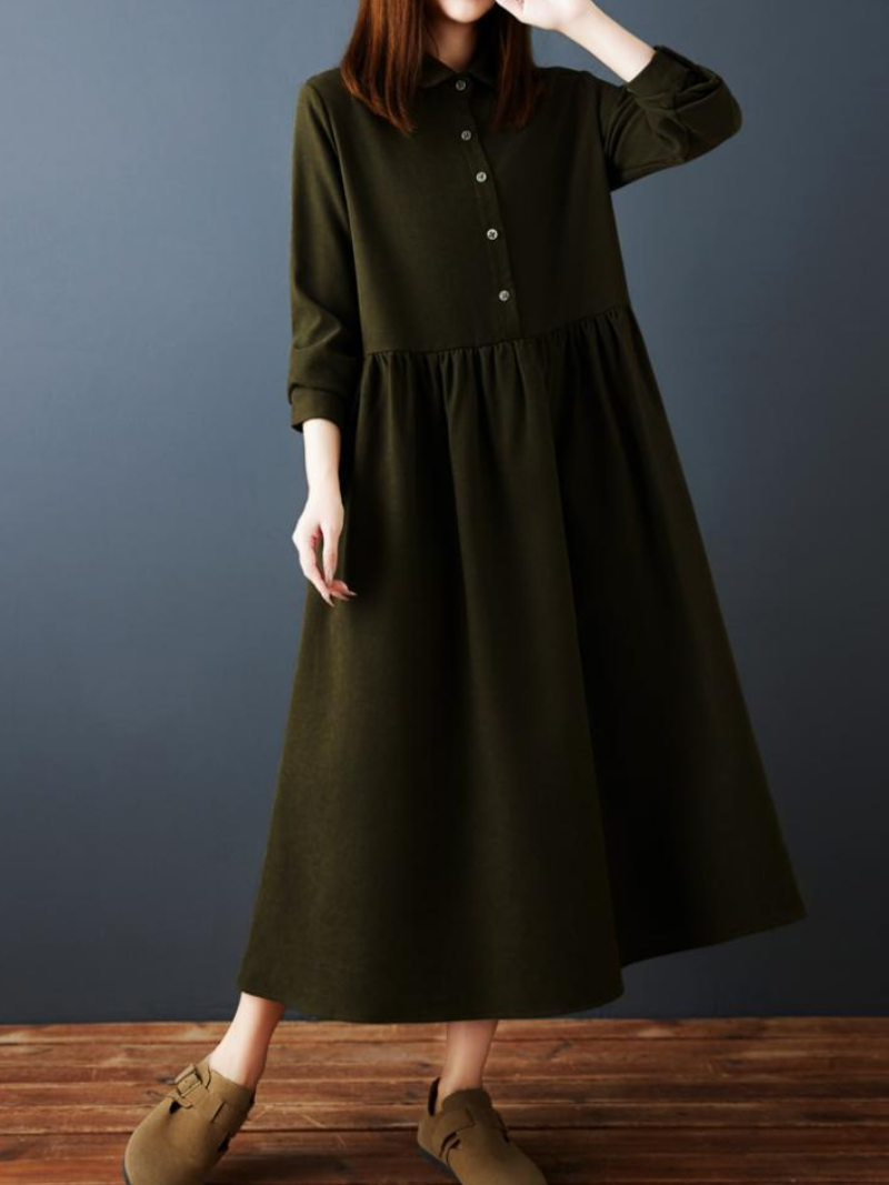 Elegant A-Line Shirt Dress with Gathered Skirt, Spandex Comfort Midi