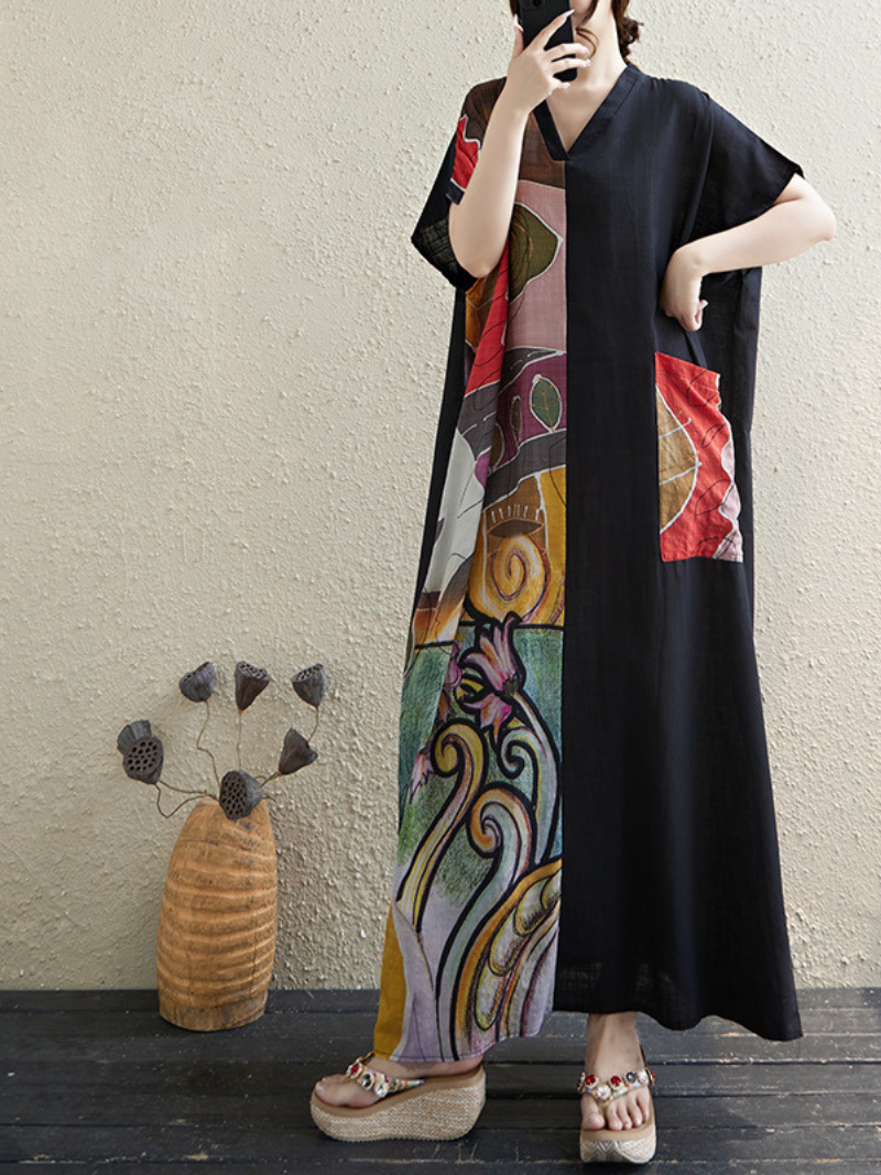 Women's Summer Trendy Front Large Pockets Printed Kaftan Dress