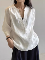 Notched Neck Cotton-Linen Blouse with 3/4 Sleeves