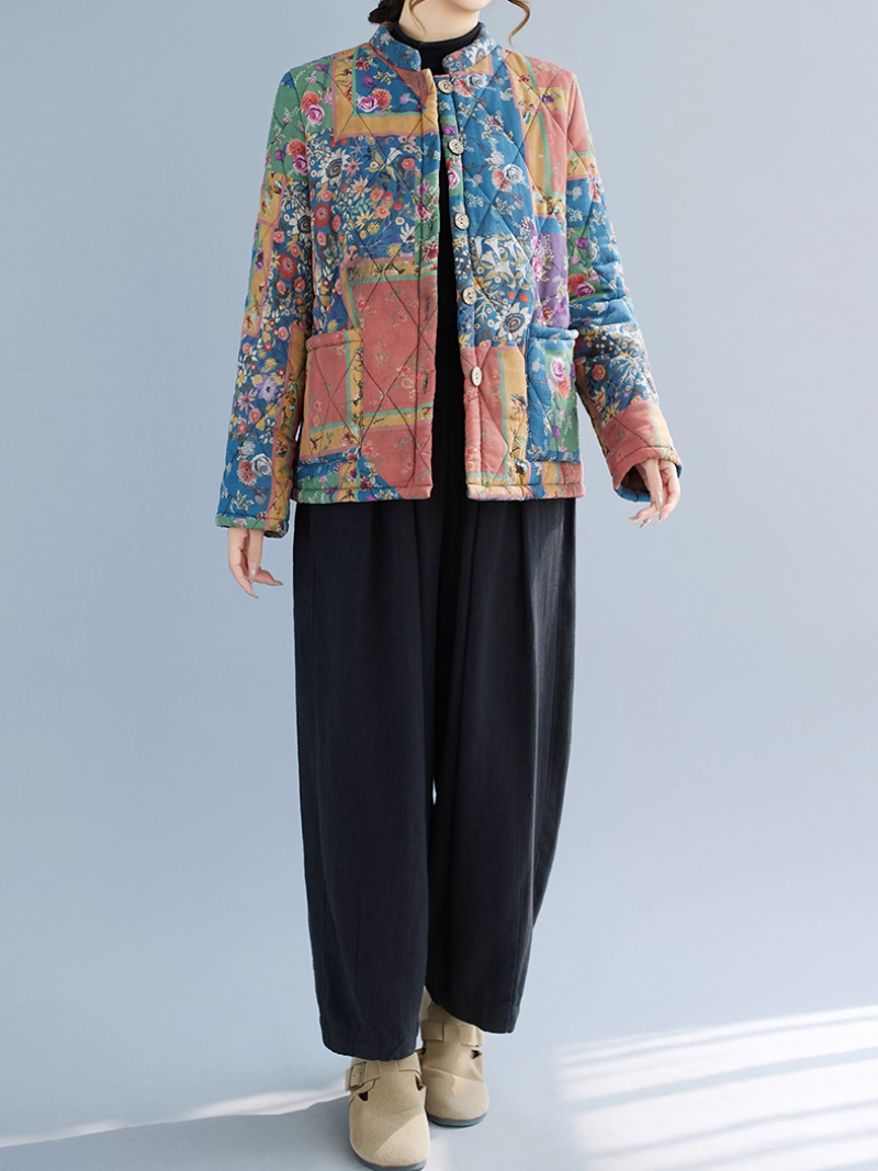 Retro patchwork quilted jacket with plush lining, chic winter coat